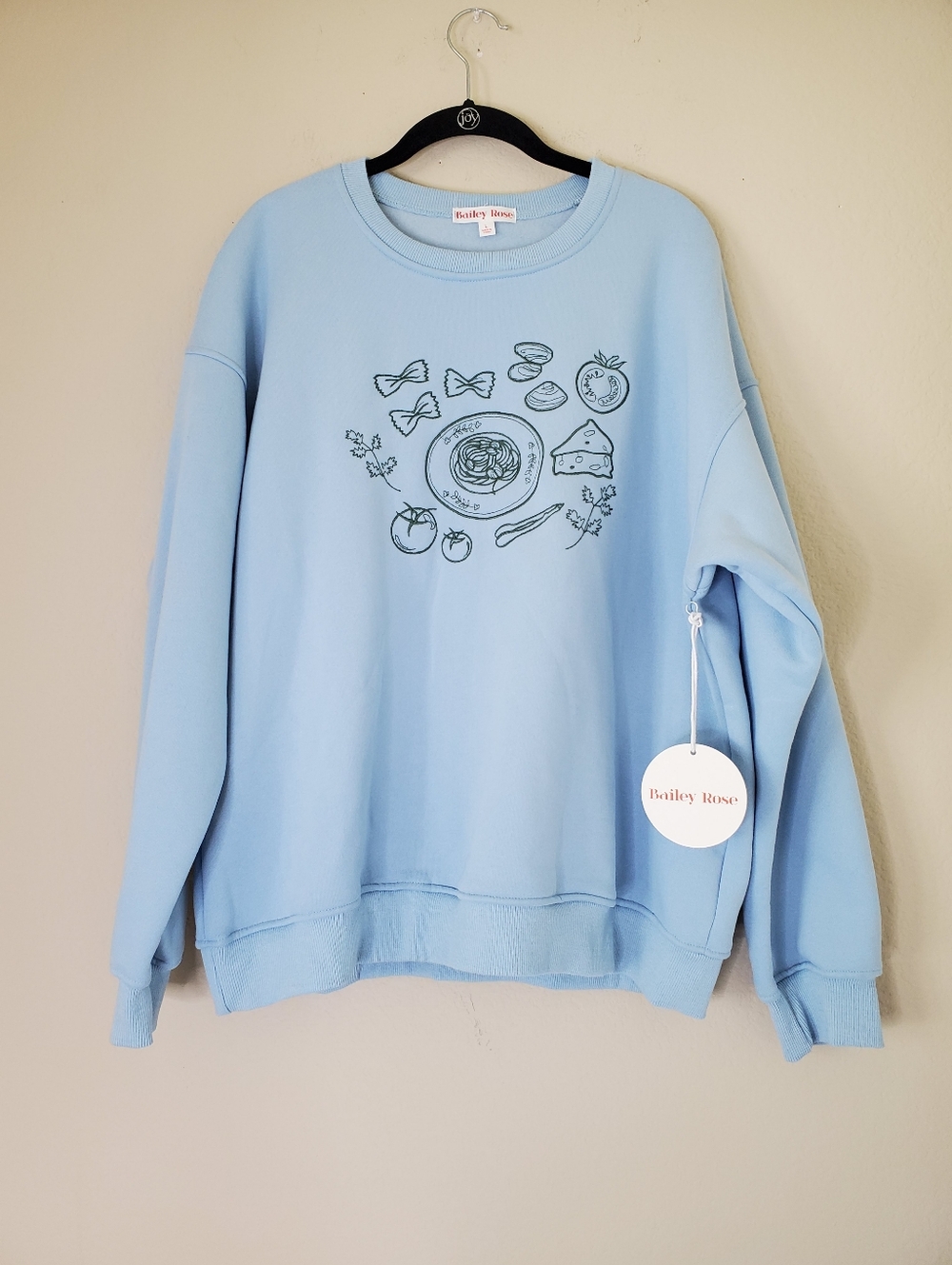 Bailey Rose Pasta Print Embroidered Sweatshirt Womens Size L Blue Chefcore